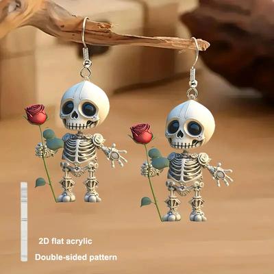 Boucles d'oreilles squelette en acrylique et rose Pendentif Ornement Cadeau d'Halloween Horreur Personnalité Créatif Boucles d'oreilles crâne