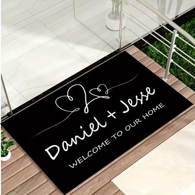 Black Personalized Mat with Hearts Non-Slip Entrance Rug for Couples Gift Wedding Housewarming Present Welcome To Our Home Mat