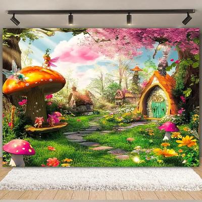Verzauberter Wald Wunderland Kulisse – Verträumte Dschungelpilze, Märchen Thema für Baby Geburtstagsparty Dekoration & Requisite-Wandteppich