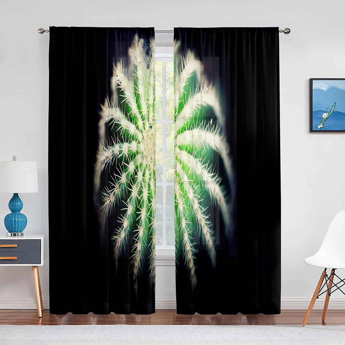 

Суккулентные тюлевые шторы с зеленым растением кактуса и цветком для гостиной, спальни, кухни, декор, прозрачные шторы из вуали, обработка окон 1 PCS W100XH250cm&Grommet Top