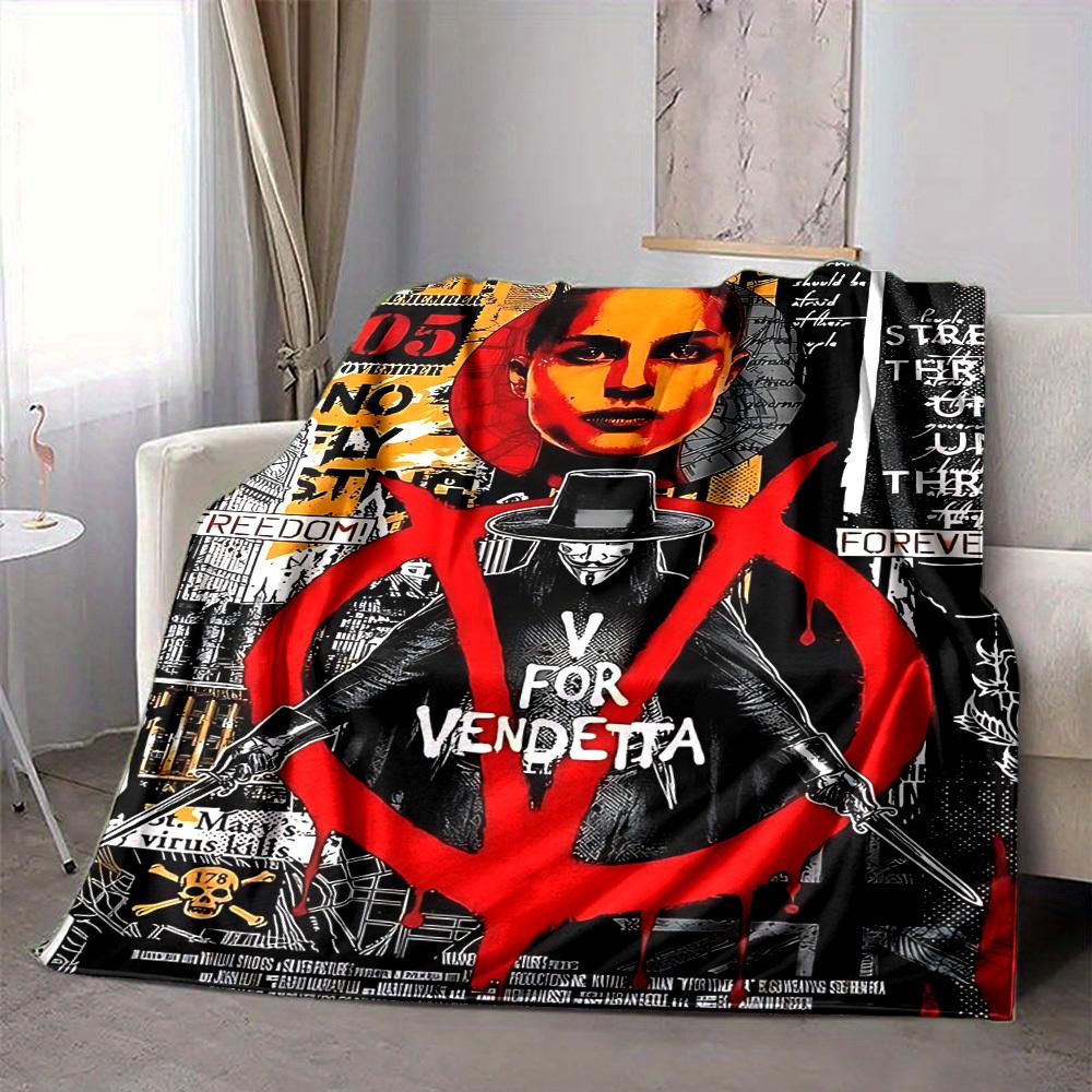 1pc V for Vendetta Flannel Throw Blanket - HD Printed Lightweight Soft Warm All-Season Blanket for Sofa, Bed, Travel, Camping 096