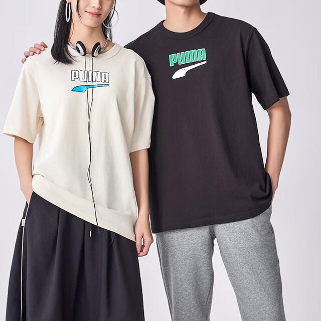 Puma Downtown American Letter Logo Print Casual Pullover Crew Neck Breathable Short Sleeve T-Shirt Unisex T-Shirt Black 535359-56