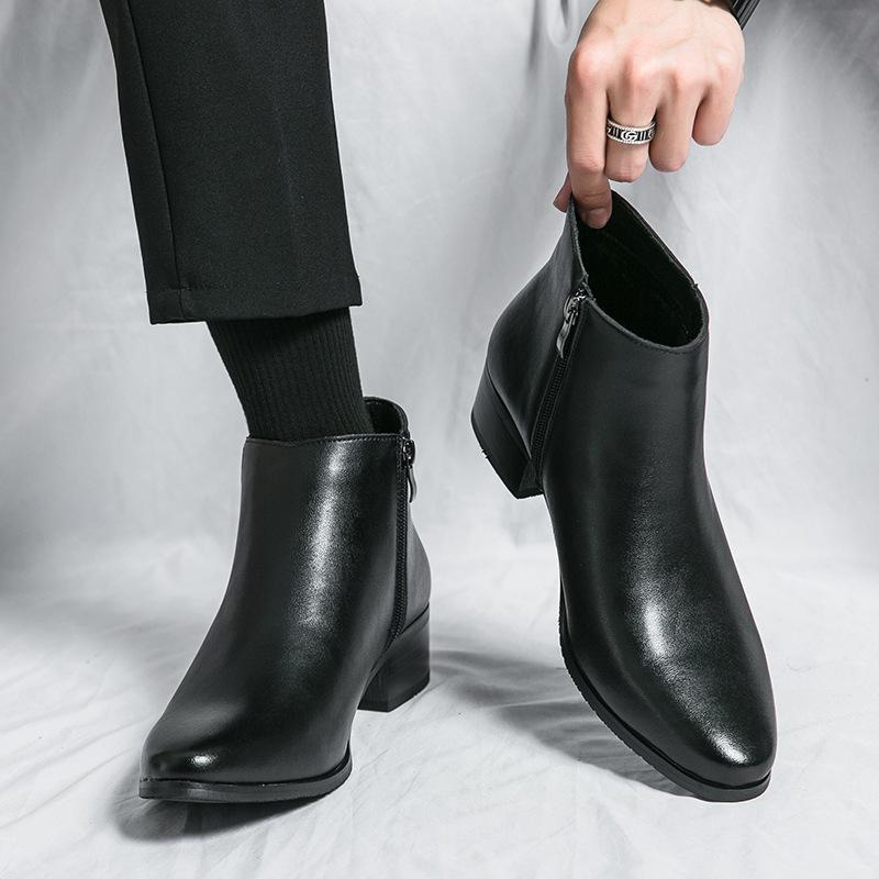 Chelsea boots winter leather velvet thermal leather boots pointed high-top leather shoes short boots Martin boots