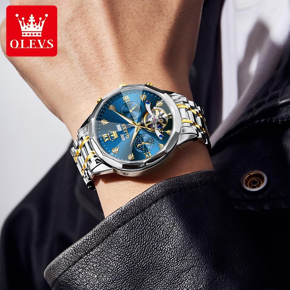 OLEVS 6621 Mens Skeletonized Flywheel Wristwatch Dual Calendar Moon Phase Waterproof Automatic Mechanical Luxury Watch Man