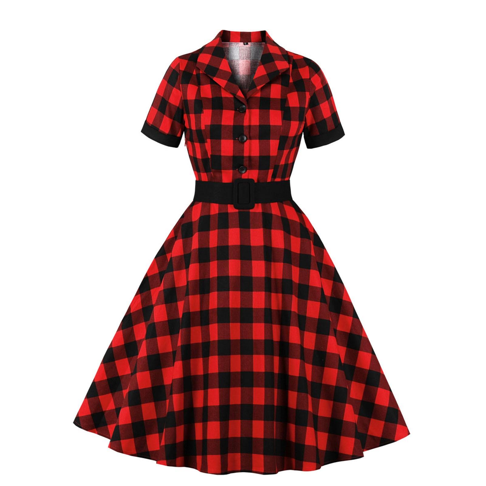 

Women Fashion British Turn Down Collar Plaid Print Short Sleeve Knee-legth Dress XL червоний