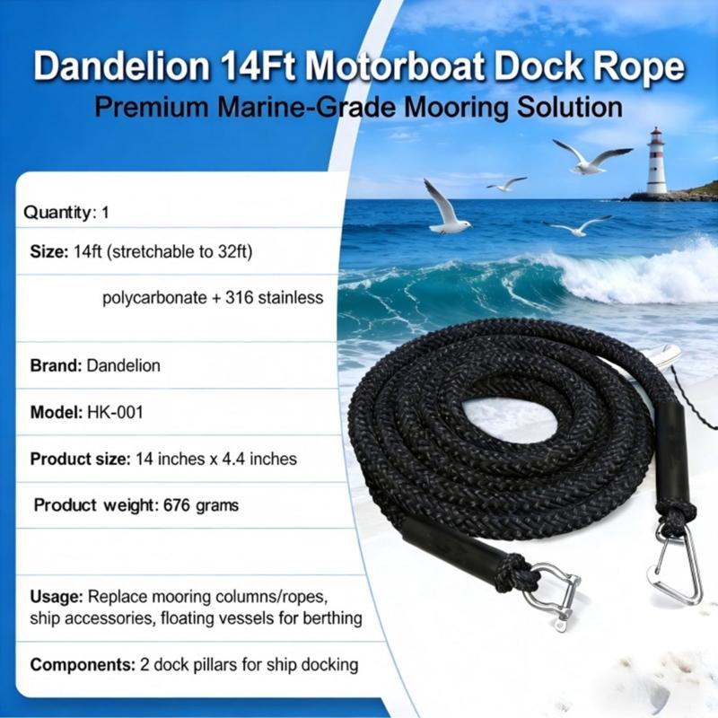 Shore-Side Mooring Rope for Small Boat Stops, Elastic Dock Line Set with Beach Stake and Quick Clip Connection