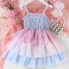 Mädchen Modekleid Sommer Kinder Freizeit Regenbogen Neckholder Patchwork Mesh Kuchenkleid