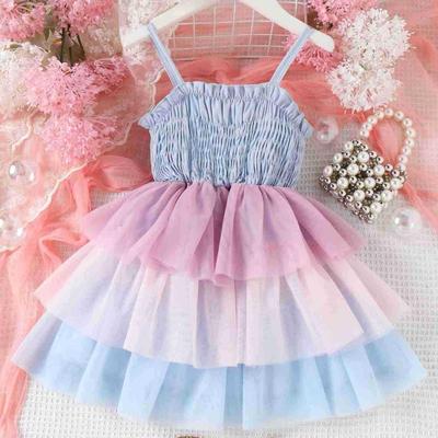 Mädchen Modekleid Sommer Kinder Freizeit Regenbogen Neckholder Patchwork Mesh Kuchenkleid