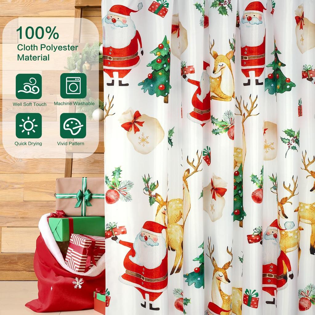 Christmas Shower Curtain Santa Claus Reindeer Tree Gift Design Holiday Theme Festive Decor Waterproof Fabric Xmas Bathroom