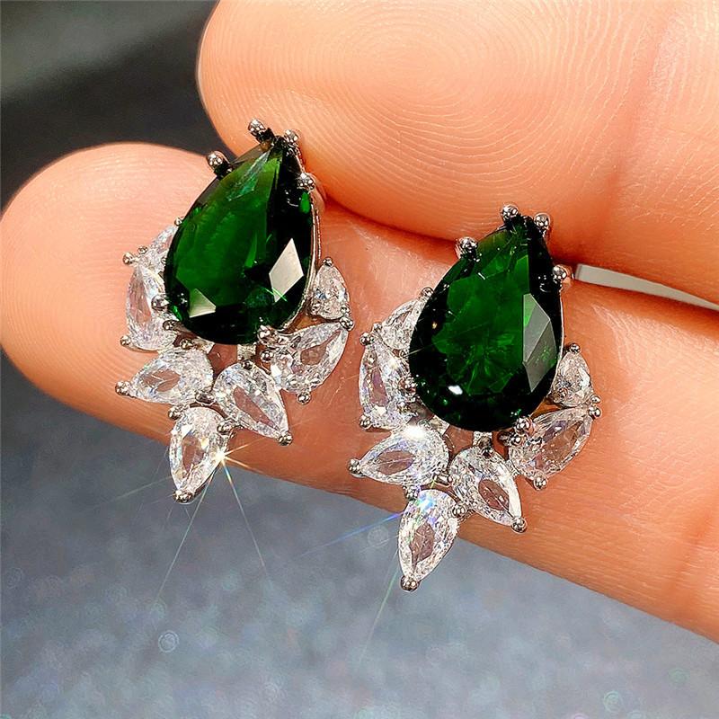 925 Sterling Silver Gorgeous Water Drop Cubic Zirconia Stud Earrings Pink/Green/Blue Pear CZ Wedding Engagement Jewelry Gifts