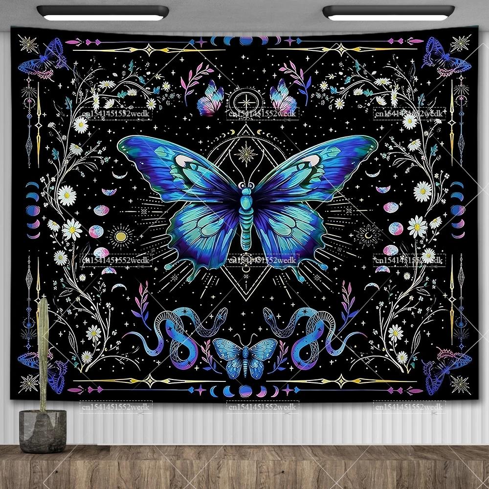 Psychedelic Bohemian Wall Tapestry For Living Room Moon Phase And Stars Tapestrys Butterfly Snake Tapestries Tarot Altar Cloths