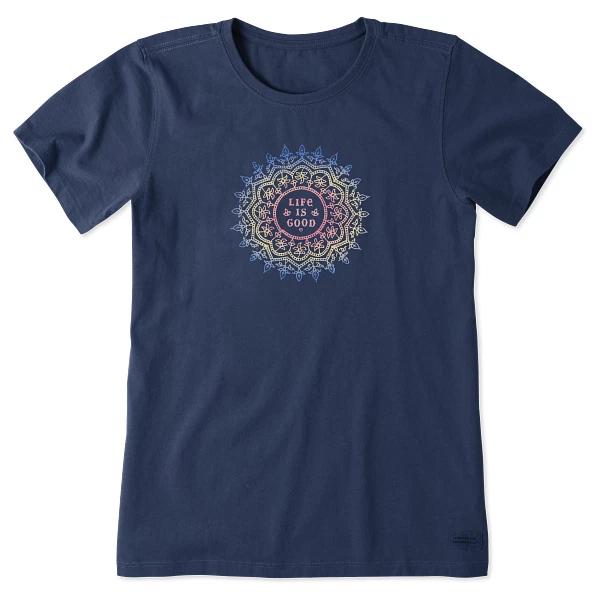 Life is Good. Women's Antique Mandala Short Sleeve Crusher Tee, Darkest Blue