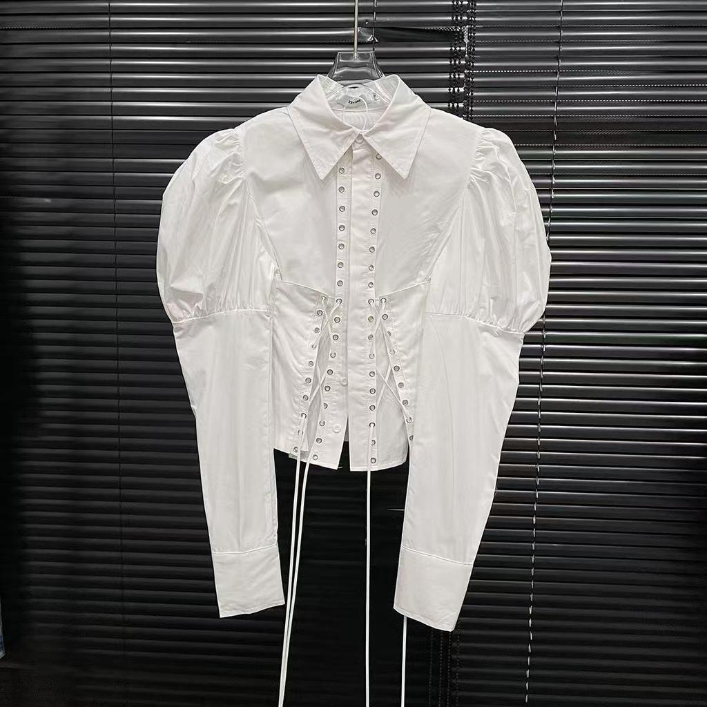 2025 Spring Lace-up Lantern Sleeve Fitted Waist Shirt