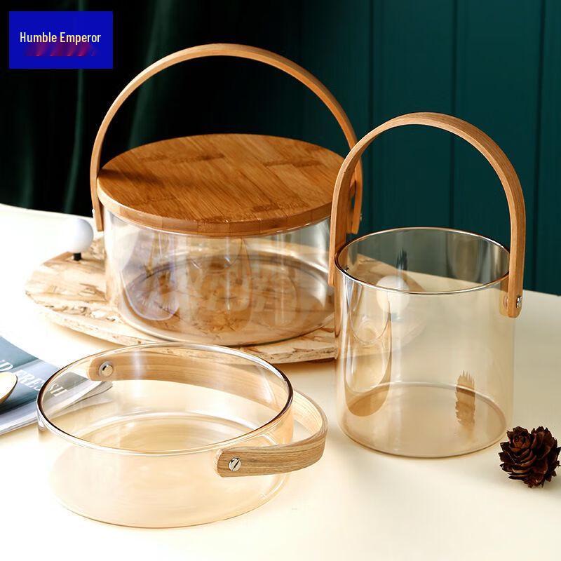 Qianxing Glass Bamboo Handle Ice Bucket & Fruit Plate Set