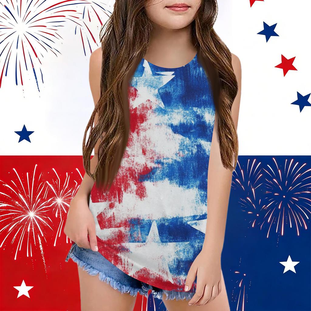Girls  Kids Summer Crewneck Sleeveless Shirts Tank Tops Independence Day