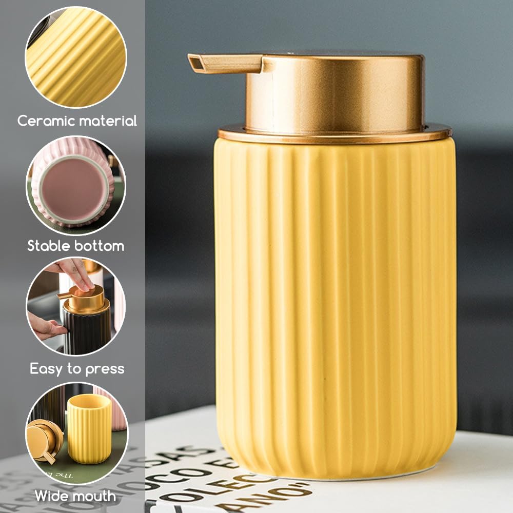 Foaming Hand Soap Dispenser, Kitchen Soap Dispenser with Gold Soap Pump, Ceramic Foam Soap Dispenser for Bathroom,11OZ Refillable Soap Dispenser for