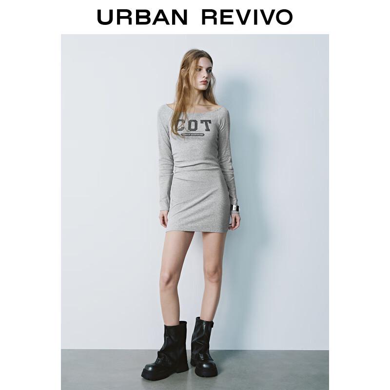 UR 2025 Spring Casual Sporty Letter Pleated Long Sleeve Dress