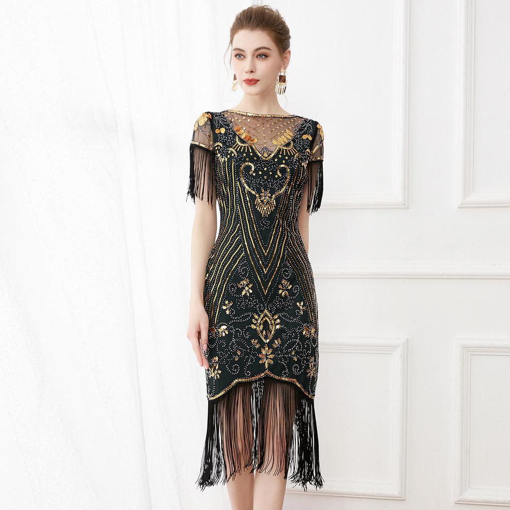 Vintage 1920s Sequin Beaded Ball Gown with Embroidery & Tassels - Plus Size Cocktail Dress