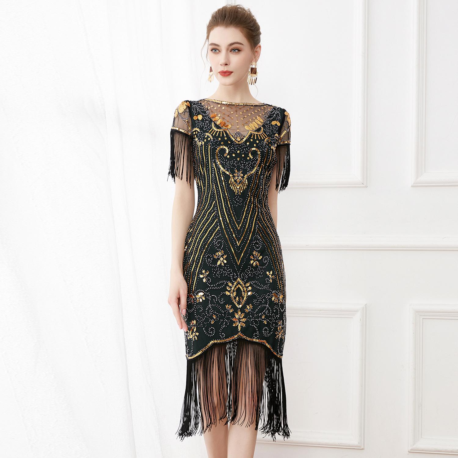 

Vintage 1920s Sequin Beaded Ball Gown with Embroidery & Tassels - Plus Size Cocktail Dress S