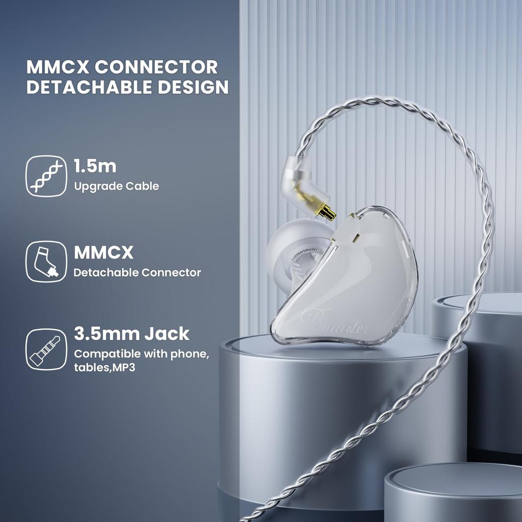 BASN Bmaster IEM Triple Driver In-Ear Monitor Earphones with Two Detachable MMCX Cables for Musicians and Drummers (White)
