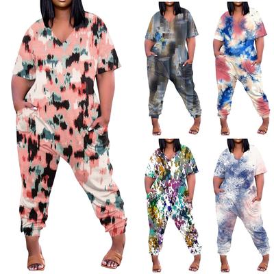 Women's Plus Size Loose Casual Short Sleeve V-Neck Printed Pocket Jumpsuit