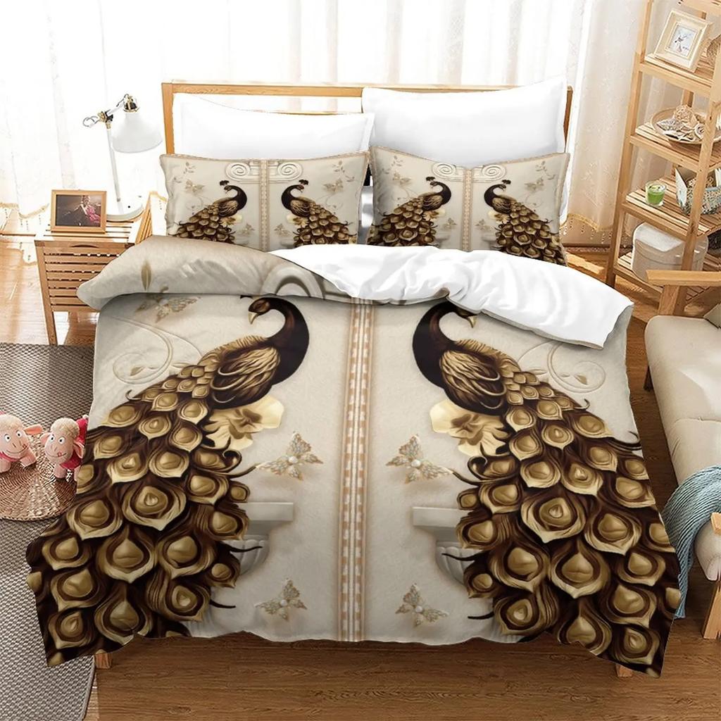 Peacock Duvet Cover Exotic Birds Animals Quilt Cover Polyester Feather Butterfly Flowers Bedding Set 2/3Pcs King For Girls Teens