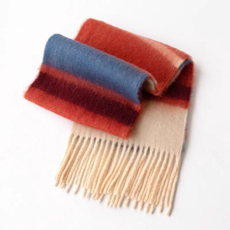 New Colorful Rainbow Scarf Women's Winter Dopamine Senior Student Sweet Warm and Cold Proof Plush Scarf Shawl