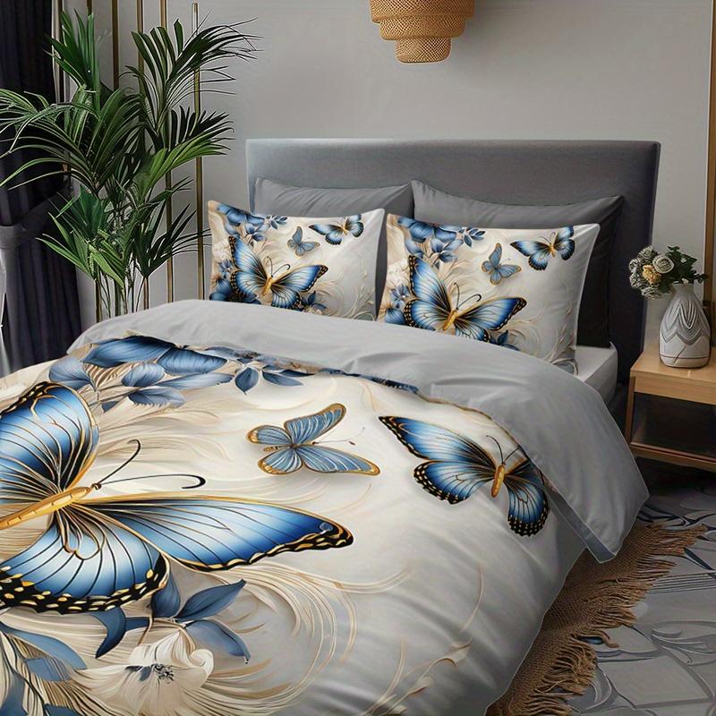3Pcs Elegant Blue Butterfly Floral Bedding Duvet Cover Set Butterfly Floral Bedding Quilt Set Butterfly Themed Bed