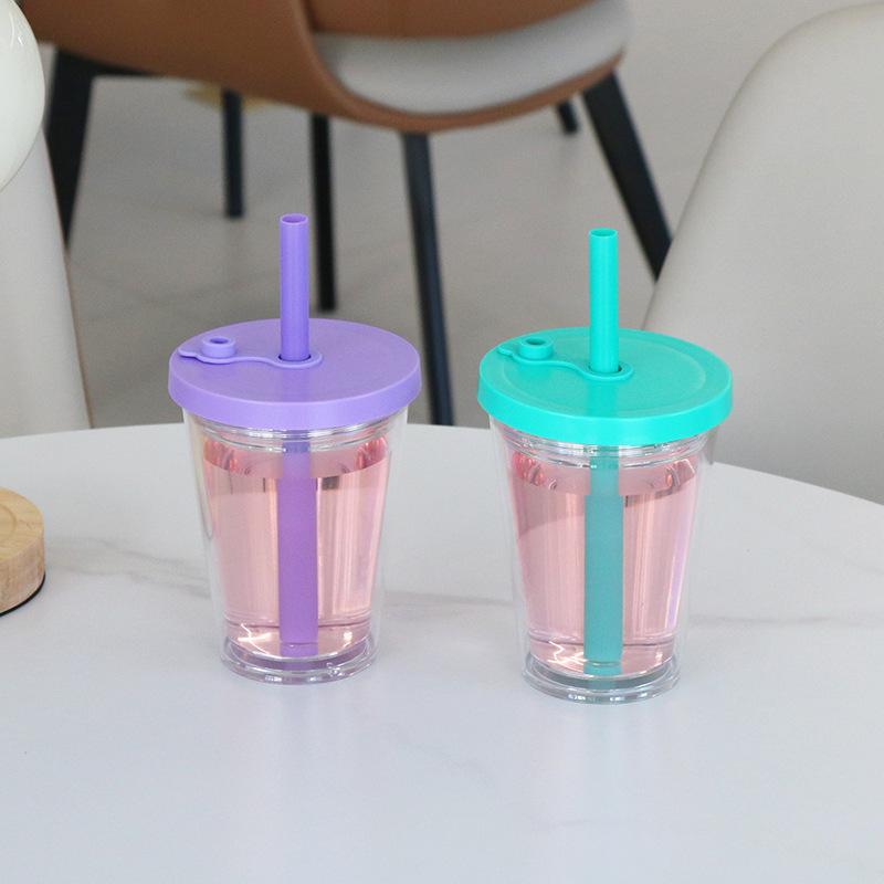 360ml Kreativer Dicker Strohhalm Bubble Tea Becher DIY Silikonstöpsel Doppellagig Kunststoffummantelt Rund Amerikanischer Stil Kaffeebecher