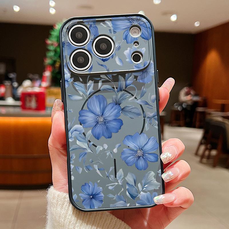 Magnetic For Magsafe Case For iPhone 17 Pro Max Pale Blue Flowers Pattern Skin Feeling Cover For iPhone 16 15 14 13 Pro Max