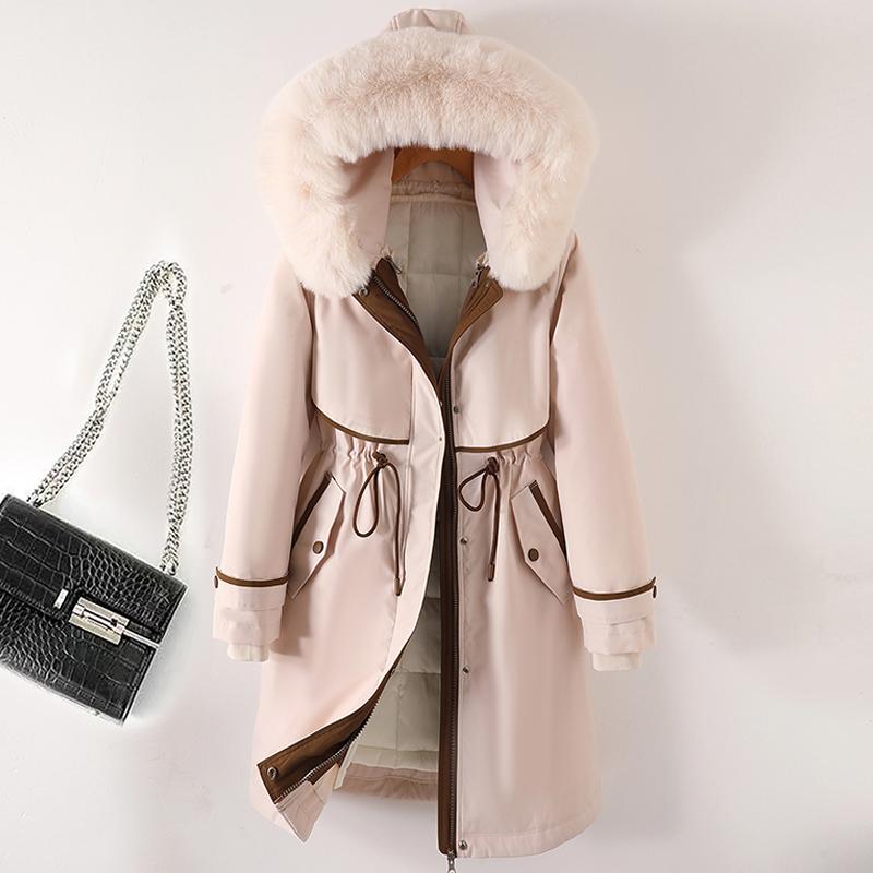 Giacche lunghe con collo in pelliccia sintetica per donna, nuova fodera invernale, cappotto imbottito femminile staccabile, parka invernale stile coreano con cappuccio
