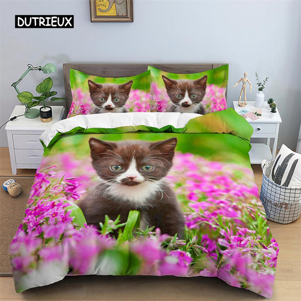 

3D Design Cat Printed Design Quilt Cover Floral Bed Linen Kit Single Size Full Kids-friendly Girls Boys Room Decor Luxury Microfiber Funny Animal EU single(135x200cm)