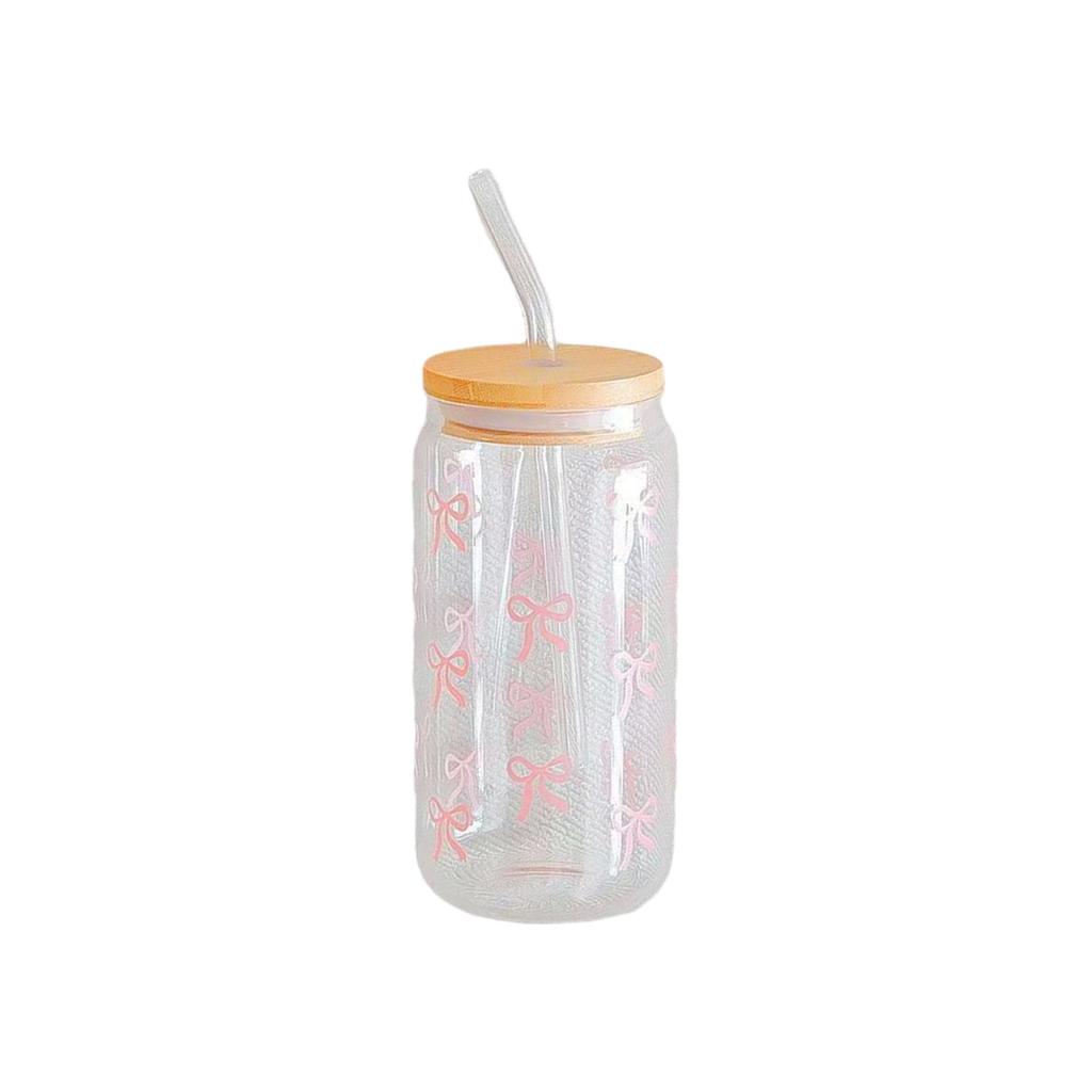 16oz Borosilicate Glass Tumbler With  Lid & Straw - Stylish Transparent Cup (Cute Bowknot Design) For , Drinks & Juices