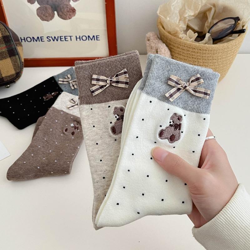 Autumn and Winter Bear Embroidered Bow Cartoon Versatile Mid-calf Socks for Women In Contrasting Colors Cute Cartoon Dot Pile Socks