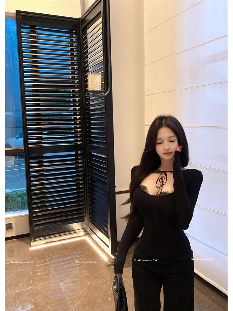 Spring 2026 Korean Yujie Style Black Lace-up Mesh Top Base Layer
