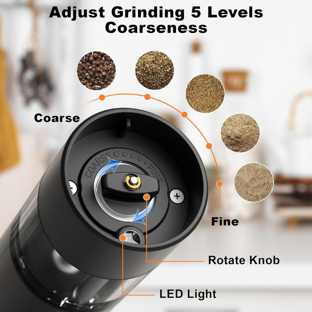 Electric Pepper or Salt Grinder, COKUNST USB Rechargeable Automatic Pepper Grinder with Visual Silo & LED Light, Black Pepper Grinder Mill Refillable