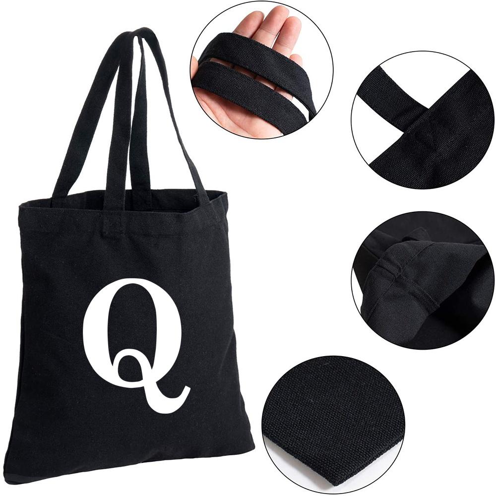 Women's Black Shopping Bag Casual Large-capacity White Letters Initial Name Pattern Printing Series Canvas Shoulder Bag Reusable
