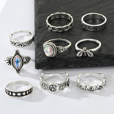 12PC Colorful Gem Hand Carved Star Moon Ring Hollowed Out Women's Party Charm Ring Set