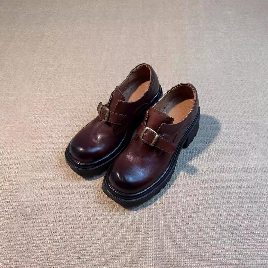 Rindslederversion~ Retro runde Spitze dicke Sohle erhöhend vielseitig kleine Lederschuhe für Damen Britisch leichte Öffnung dicker Absatz hoher Absatz Mary