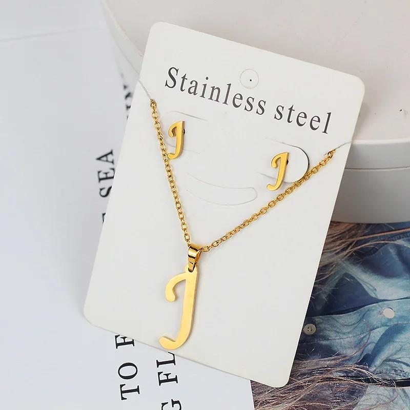 Stainless Steel Letter Necklace Bracelet Earring Zircon Set for Women Alphabet Pendant Necklace Party Gift