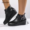 Plus Size 36-43 Mid Top Short Boots for Women Autumn Chunky Round Toe Wedges Boots British Style Zip Up Leather Ankle Botines