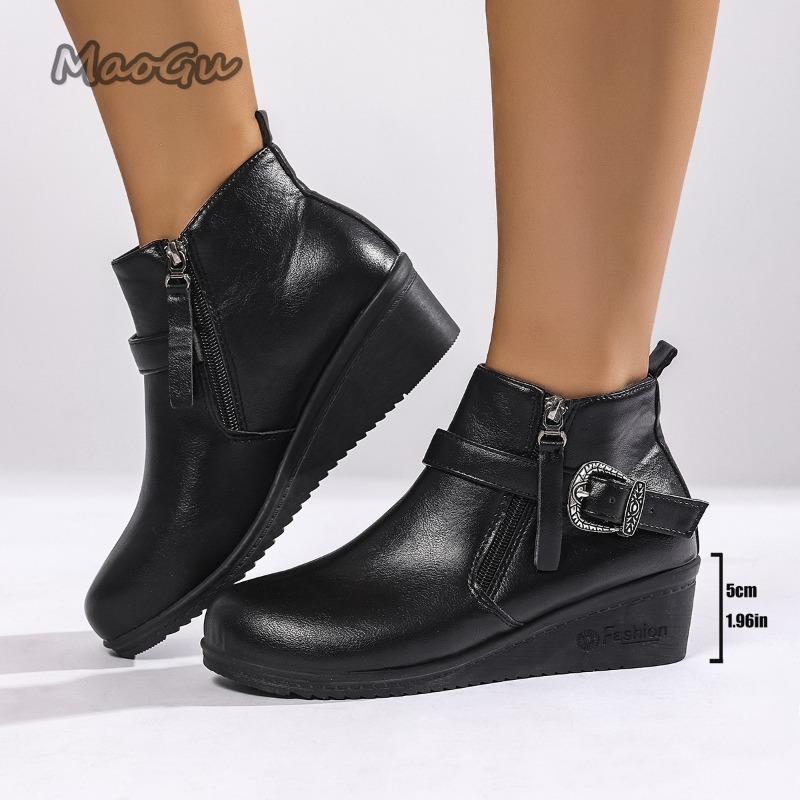 Plus Size 36-43 Mid Top Short Boots for Women Autumn Chunky Round Toe Wedges Boots British Style Zip Up Leather Ankle Botines