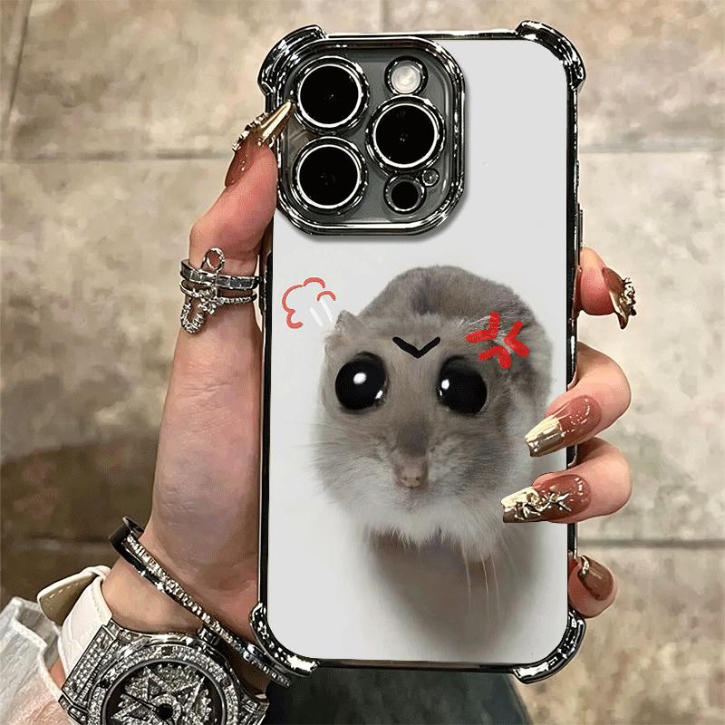 Funny Sad Hamster Meme Plating Phone Case For Iphone 16 17 Pro Max Air 16E 14 15 Plus 12 13 Mini Anti-Fall Airabag Cover