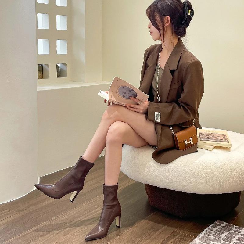 Fashion Women Ankle Boots Fashion Pointed Toe Ladies Elegant Short Boots Square High Heel Autumn Winter Women's Shoes 2024