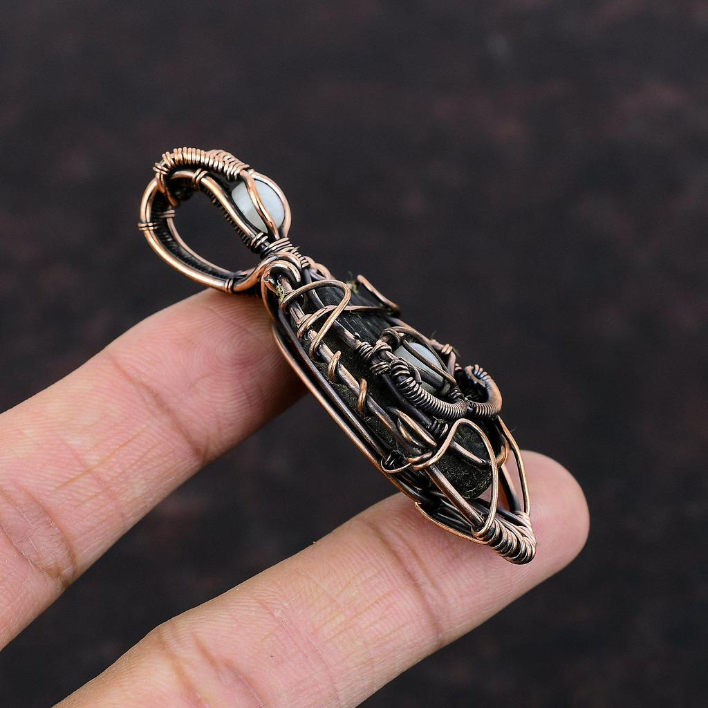 Black Tourmaline Rough Pendant Copper Wire Wrapped Pendant Moonstone Gemstone Jewelry Handmade Evil Eye Pendant Copper Jewelry Gift For Her