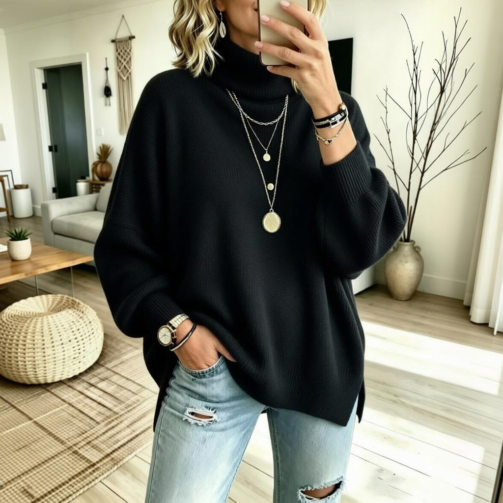 Women's Color Turtleneck Long Sleeve Knit Pullover Sweater with Side Slits