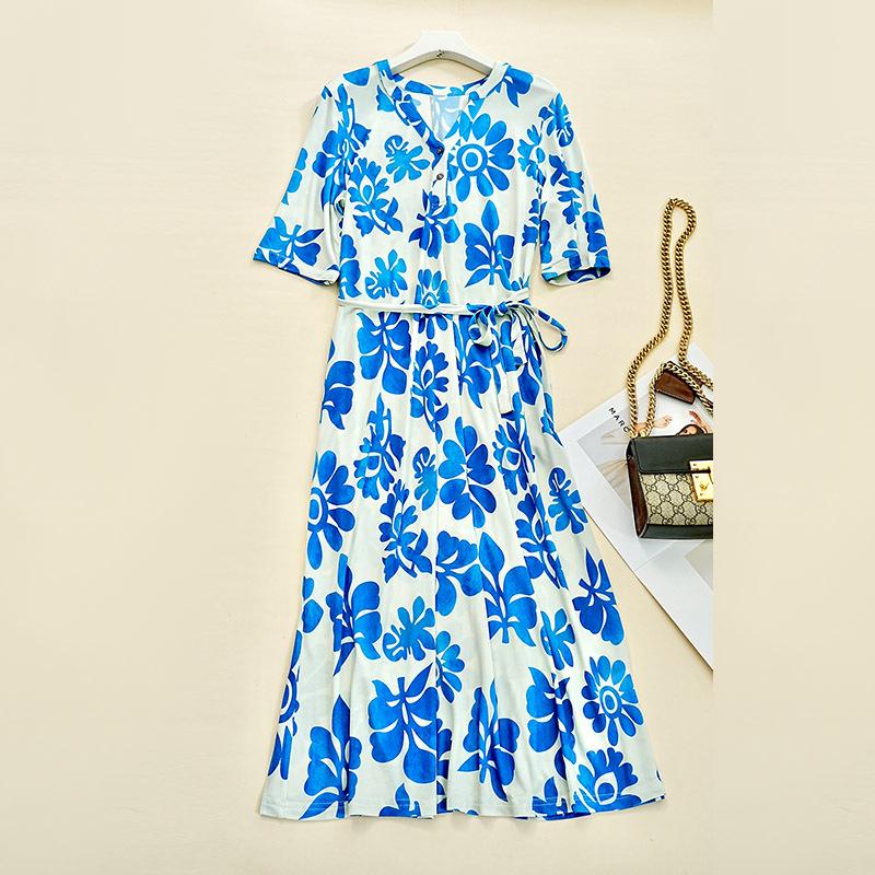 Guolian Floral V-Neck Slimming Long Dress - Mulberry Silk