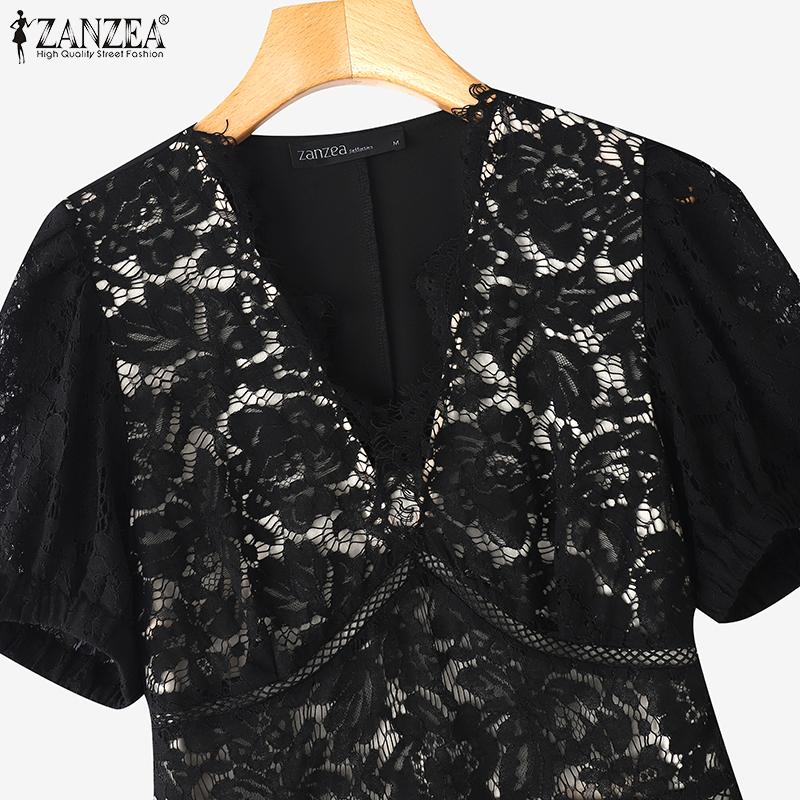 ZANZEA Women Summer V-Neck Casual Short Sleeve Patchwork Lace Dress