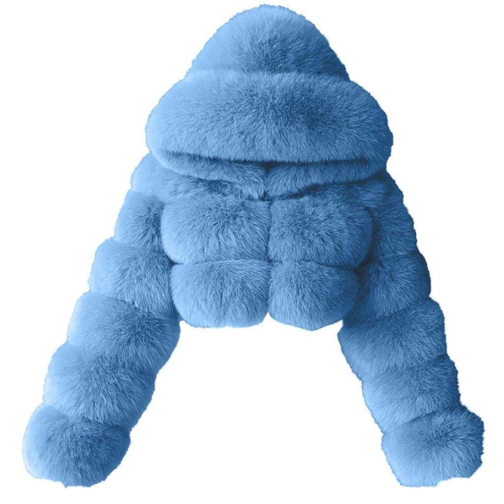 Női divatkabát, egyszínű, hosszú ujjú kapucnis plüsskabát