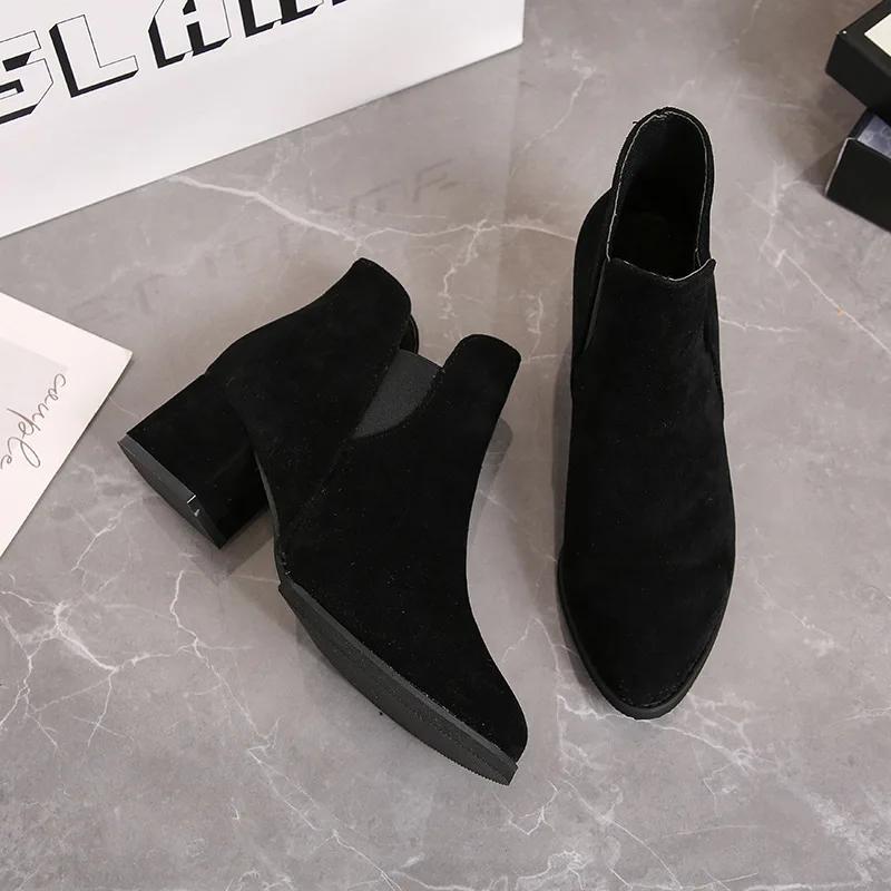Designer Thick Heel Flock Ankle Boots for Women New Soft Soled Casual Women's High Heels Fashion Casual Chelsea Boots Female